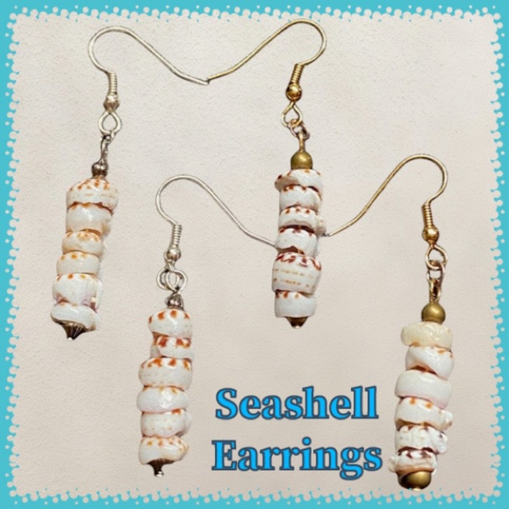 Hand Crafted Earrings Puka Stacked Seashell Gold Dangle Pierced Sea Ocean - Picture 4 of 6